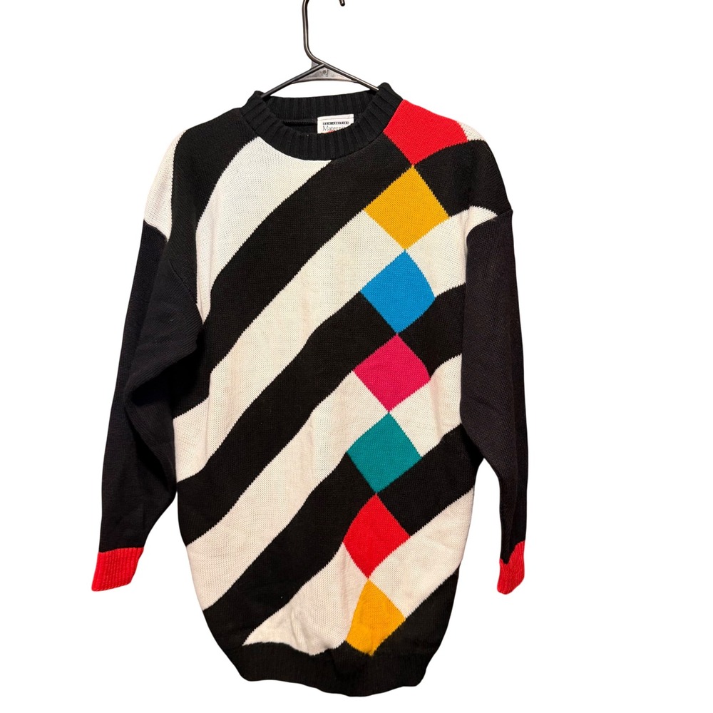 Vintage New Addition Maternity Sweater Medium Black White Geometric Colorblock